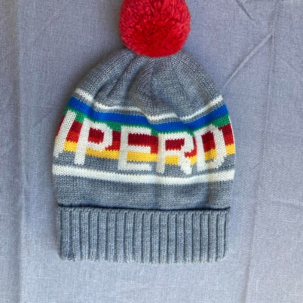 Superdry gray knit beanie with rainbow stripes and pom pom winter cozy ski